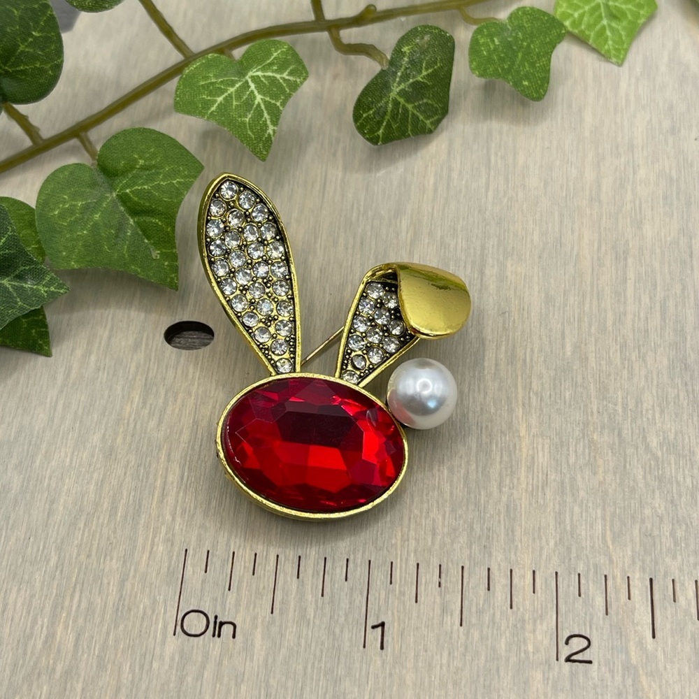 🌻 Vintage Red Rhinestone Rabbit Ear Brooches - Picture 5 of 7